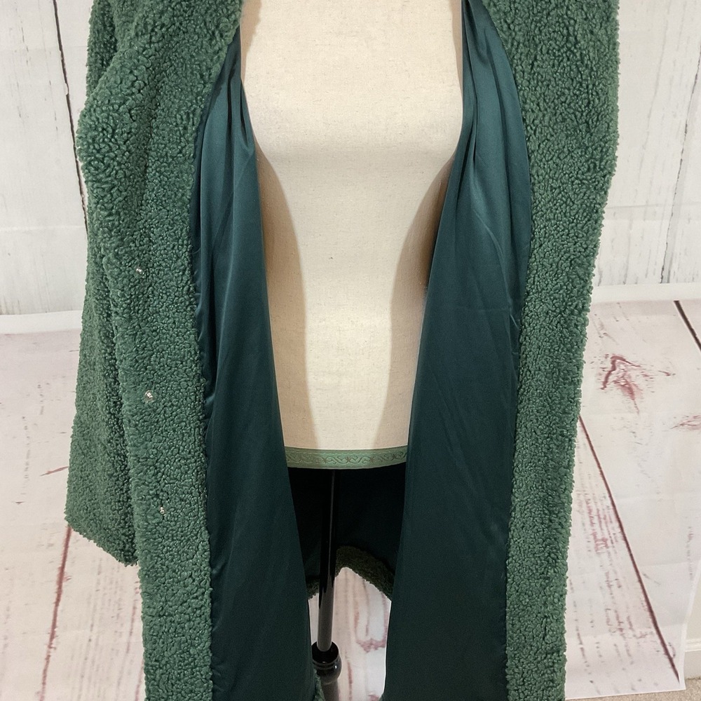 Monrow Teddy Coat Women L Green Faux Fur Sherpa Mid Length Chic Edgy Mob Wife - Picture 14 of 15